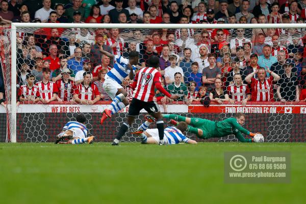 21/04/2018. Brentford v Queens Park Rangers SkyBet Championship Action from Griffin Park. Brentford's Romaine SAWYERS shoots & QPR’s Goalkeeper Alex SMITHIES saves